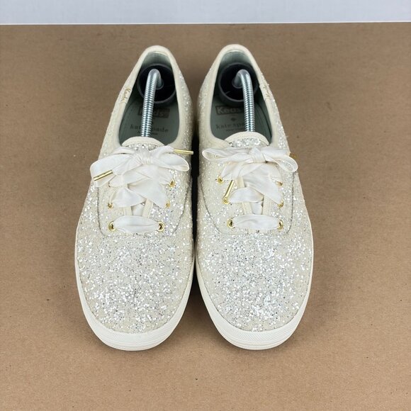 Kate Spade Keds Glitter Ribbon Lace Sneakers Womens 9.5 Silver Gold Wedding - Picture 2 of 10